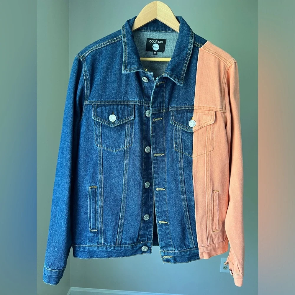 ASOS boohooMAN color block spliced denim jacket in blue wash - Picture 5 of 9